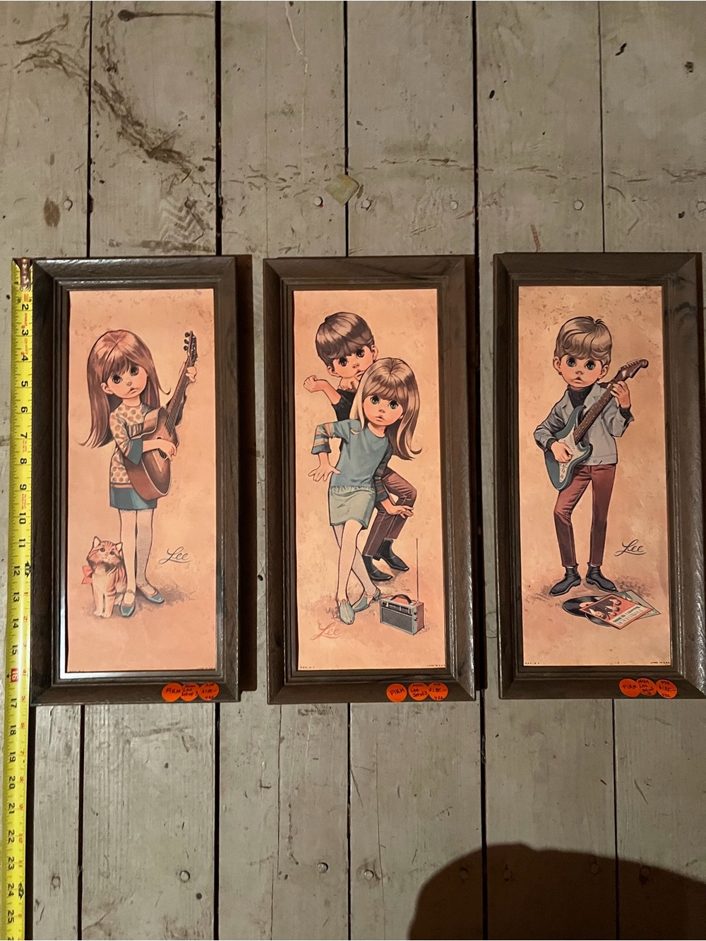 Lee Framed Trio of Retro Children Playing Guitars in Peach and Brown